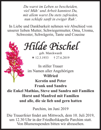 Traueranzeigen Von Hilde Pischel Trauer Nordkurier