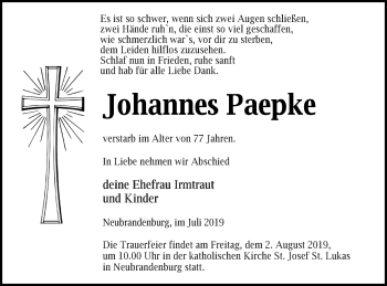 Traueranzeigen Von Johannes Paepke Trauer Nordkurier