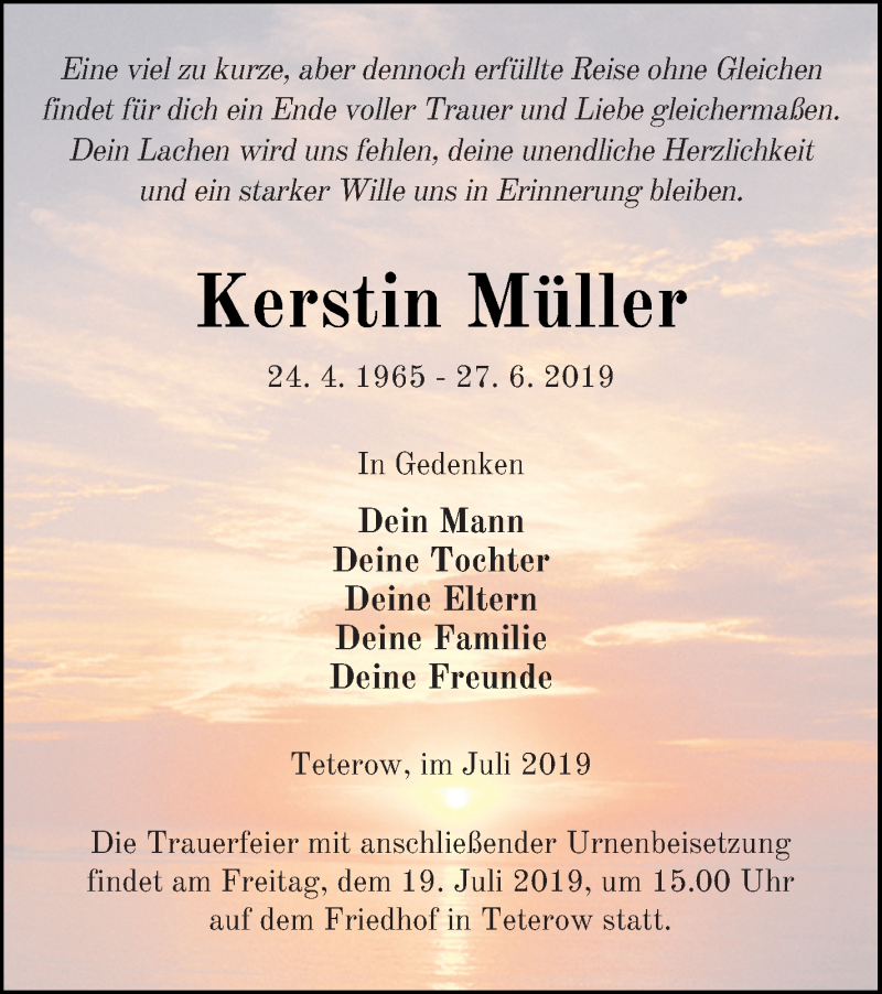  Traueranzeige für Kerstin Müller vom 03.07.2019 aus Mecklenburger Schweiz