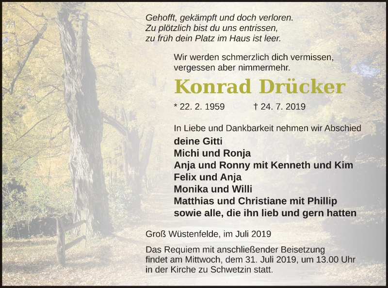  Traueranzeige für Konrad Drücker vom 27.07.2019 aus Mecklenburger Schweiz
