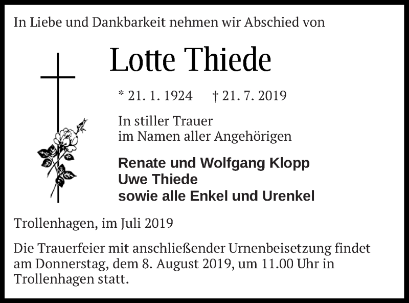  Traueranzeige für Lotte Thiede vom 26.07.2019 aus Neubrandenburger Zeitung