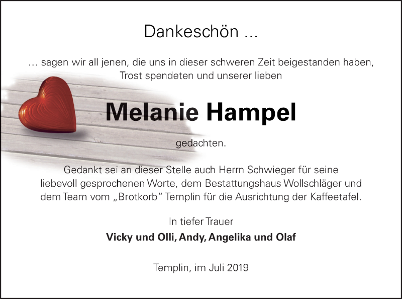  Traueranzeige für Melanie Hampel vom 05.07.2019 aus Templiner Zeitung