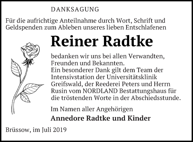  Traueranzeige für Reiner Radtke vom 12.07.2019 aus Pasewalker Zeitung