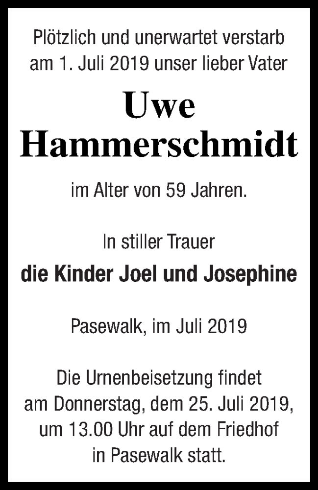  Traueranzeige für Uwe Hammerschmidt vom 20.07.2019 aus Pasewalker Zeitung
