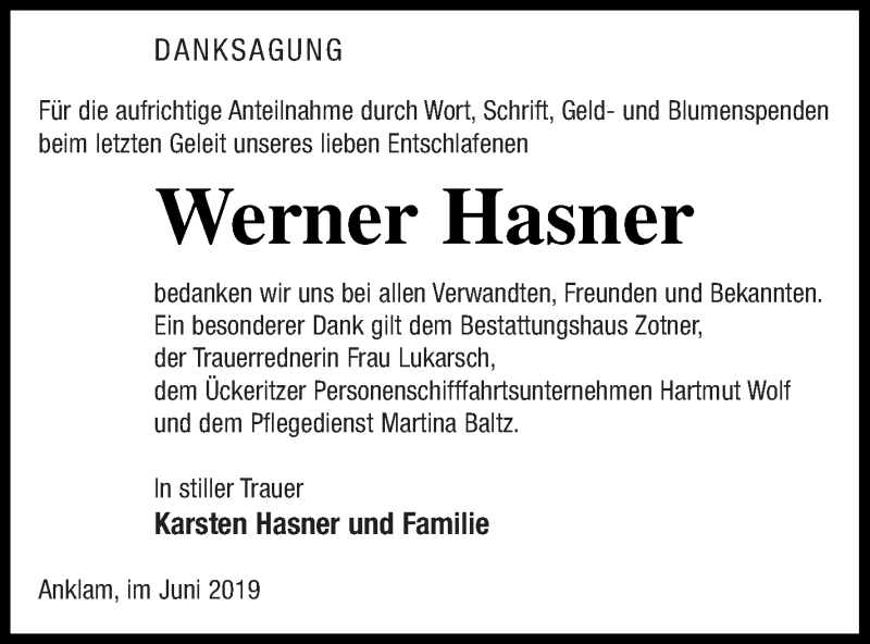  Traueranzeige für Werner Hasner vom 05.07.2019 aus Vorpommern Kurier
