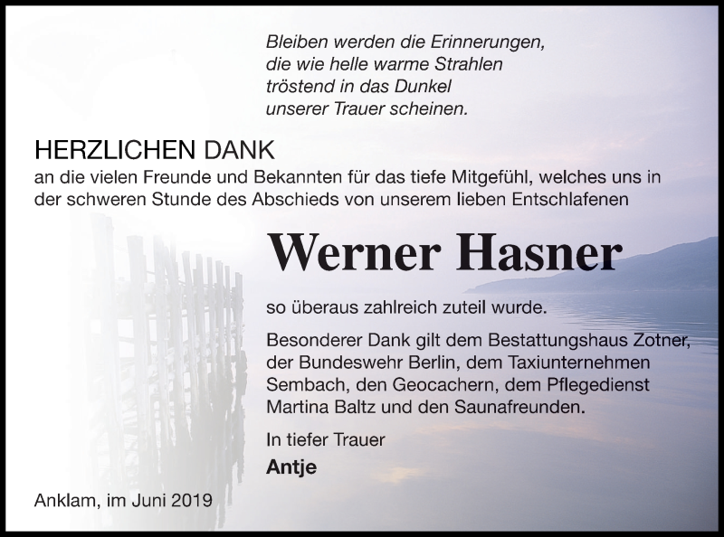  Traueranzeige für Werner Hasner vom 04.07.2019 aus Vorpommern Kurier