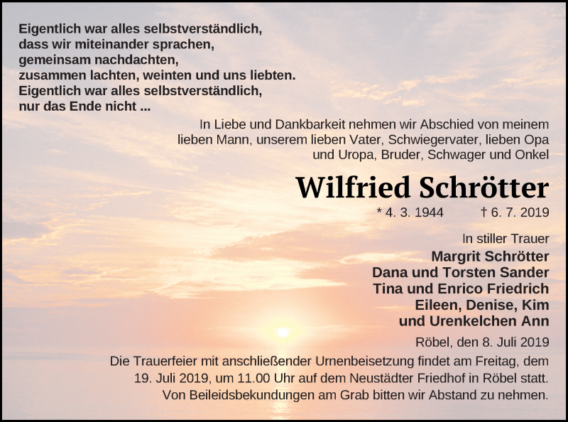  Traueranzeige für Wilfried Schrötter vom 09.07.2019 aus Müritz-Zeitung