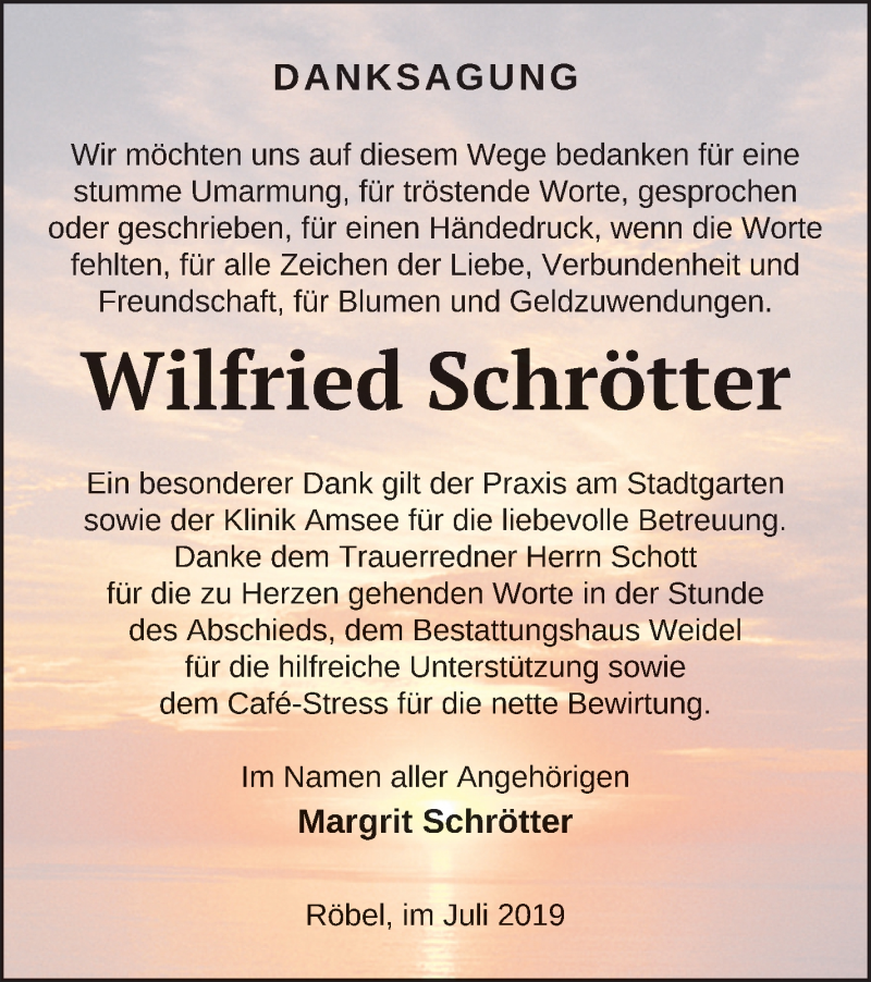  Traueranzeige für Wilfried Schrötter vom 27.07.2019 aus Müritz-Zeitung