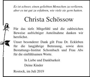 Traueranzeigen von Christa Schössow Trauer Nordkurier