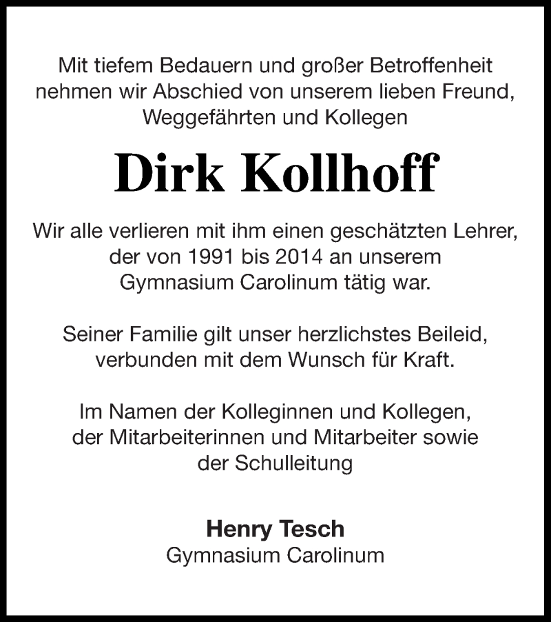  Traueranzeige für Dirk Kollhoff vom 09.08.2019 aus Strelitzer Zeitung