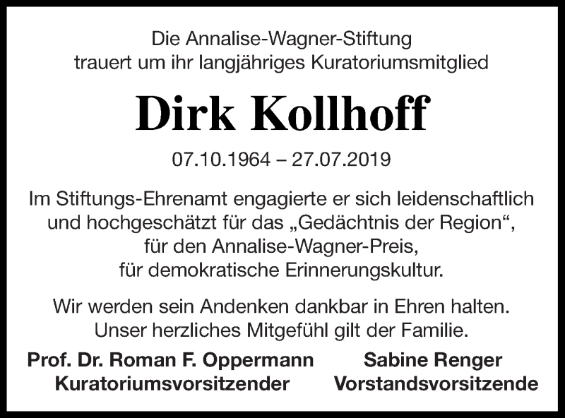  Traueranzeige für Dirk Kollhoff vom 06.08.2019 aus Neubrandenburger Zeitung