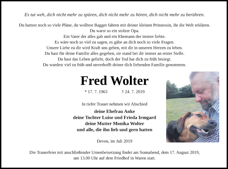  Traueranzeige für Fred Wolter vom 07.08.2019 aus Müritz-Zeitung
