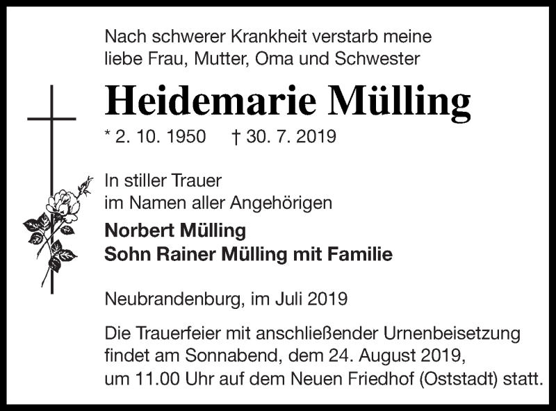  Traueranzeige für Heidemarie Mülling vom 02.08.2019 aus Neubrandenburger Zeitung