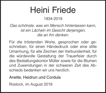 Traueranzeigen Von Heini Friede Trauer Nordkurier