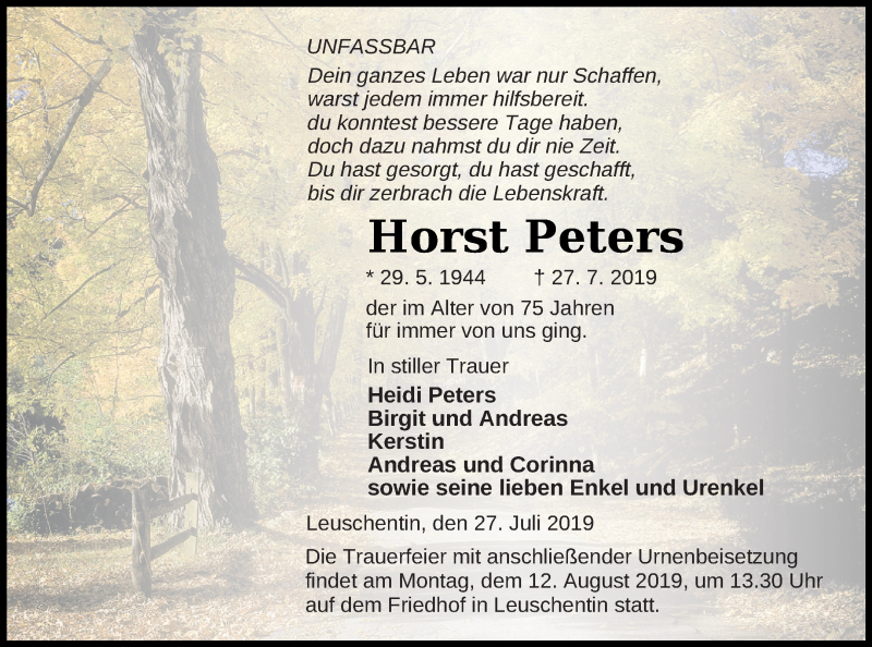  Traueranzeige für Horst Peters vom 02.08.2019 aus Mecklenburger Schweiz