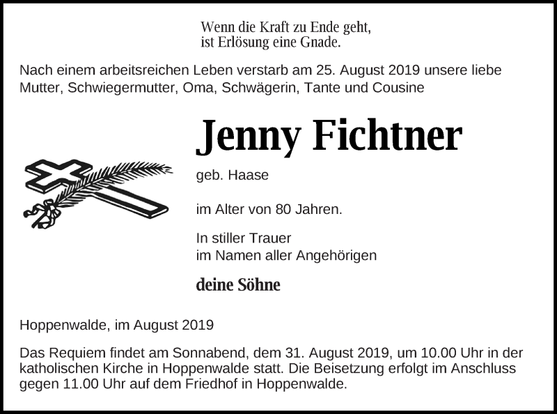  Traueranzeige für Janny Fichtner vom 28.08.2019 aus Haff-Zeitung