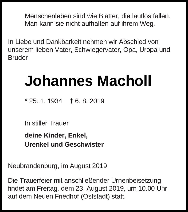  Traueranzeige für Johannes Macholl vom 09.08.2019 aus Neubrandenburger Zeitung
