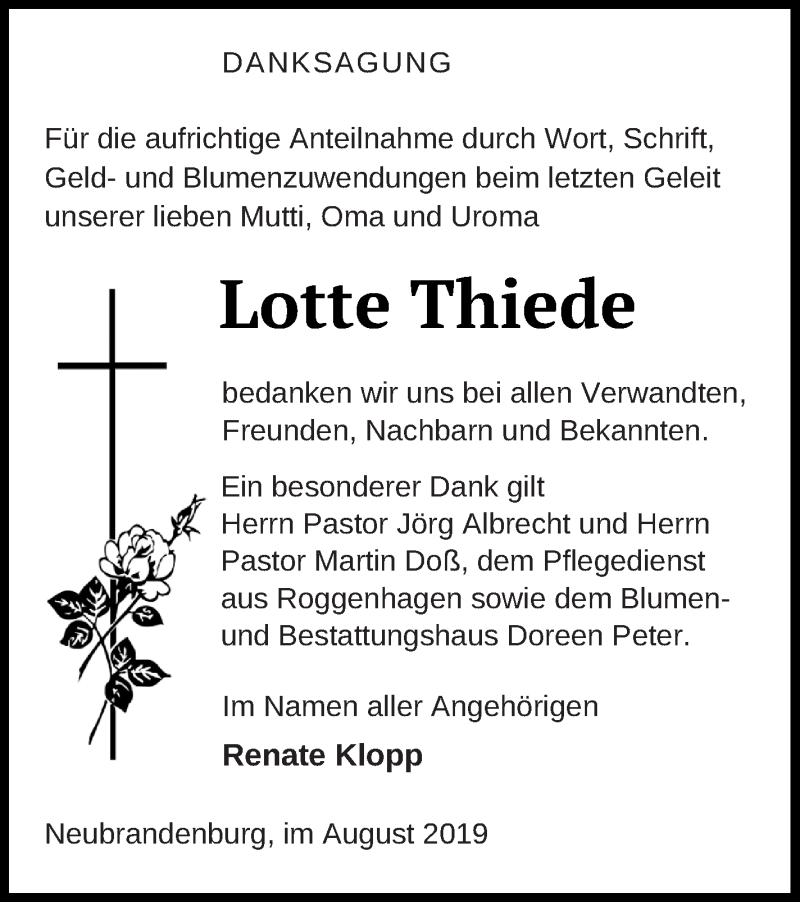  Traueranzeige für Lotte Thiede vom 16.08.2019 aus Neubrandenburger Zeitung
