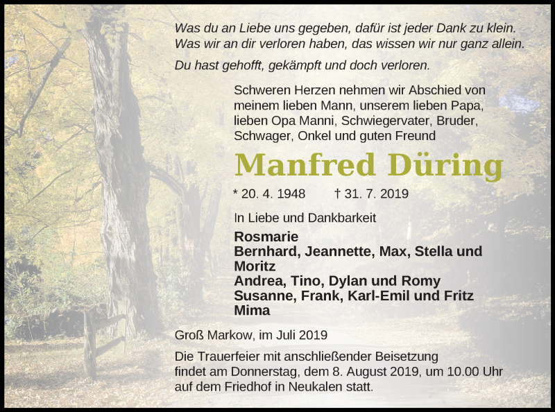 Traueranzeige für Manfred Düring vom 03.08.2019 aus Mecklenburger Schweiz