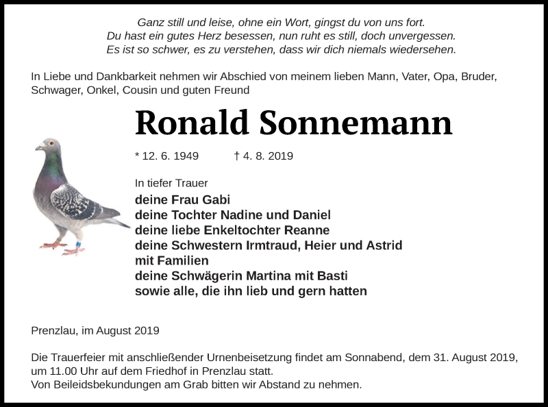  Traueranzeige für Ronald Sonnemann vom 10.08.2019 aus Prenzlauer Zeitung