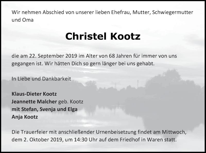 Traueranzeigen Von Christel Kootz Trauer Nordkurier