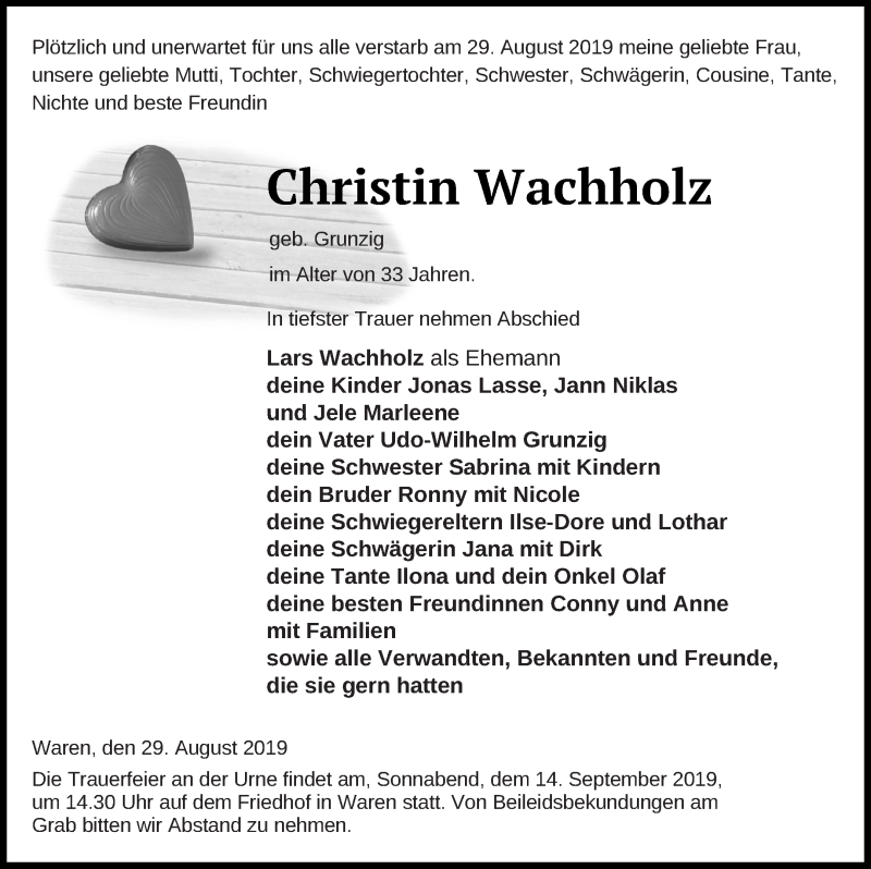 Traueranzeige für Christin Wachholz vom 06.09.2019 aus Müritz-Zeitung