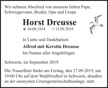 Traueranzeigen Von Horst Dreusse Trauer Nordkurier