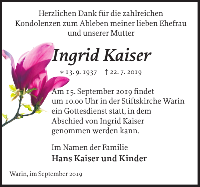 Traueranzeigen Von Ingrid Kaiser Trauer Nordkurier