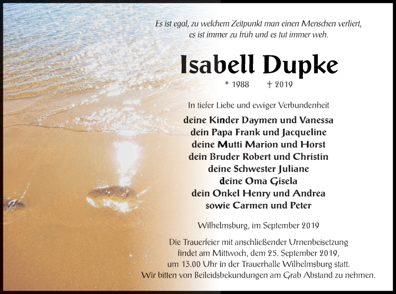  Traueranzeige für Isabell Dupke vom 17.09.2019 aus Haff-Zeitung