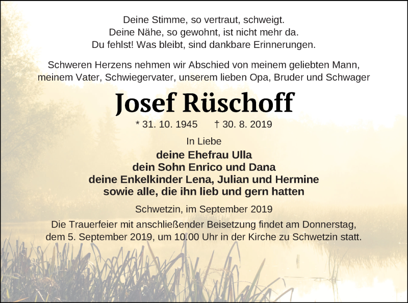  Traueranzeige für Josef Rüschoff vom 03.09.2019 aus Mecklenburger Schweiz