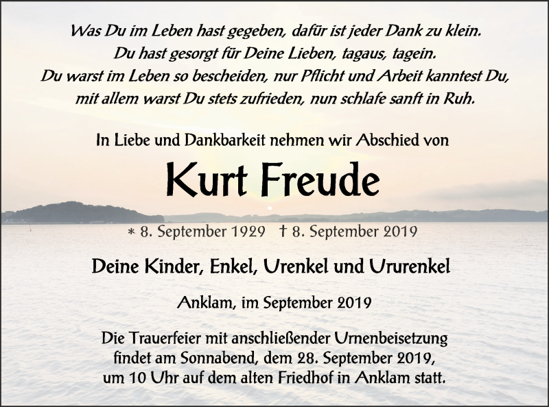  Traueranzeige für Kurt Freude vom 14.09.2019 aus Vorpommern Kurier