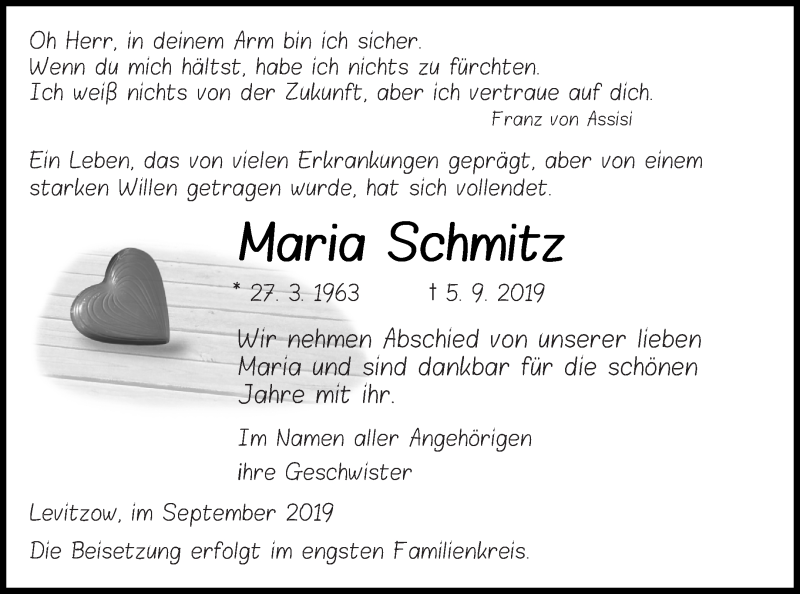  Traueranzeige für Maria Schmitz vom 10.09.2019 aus Mecklenburger Schweiz