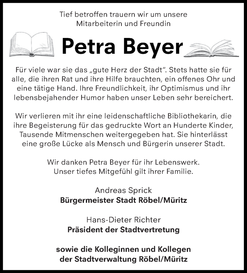  Traueranzeige für Petra Beyer vom 05.09.2019 aus Müritz-Zeitung