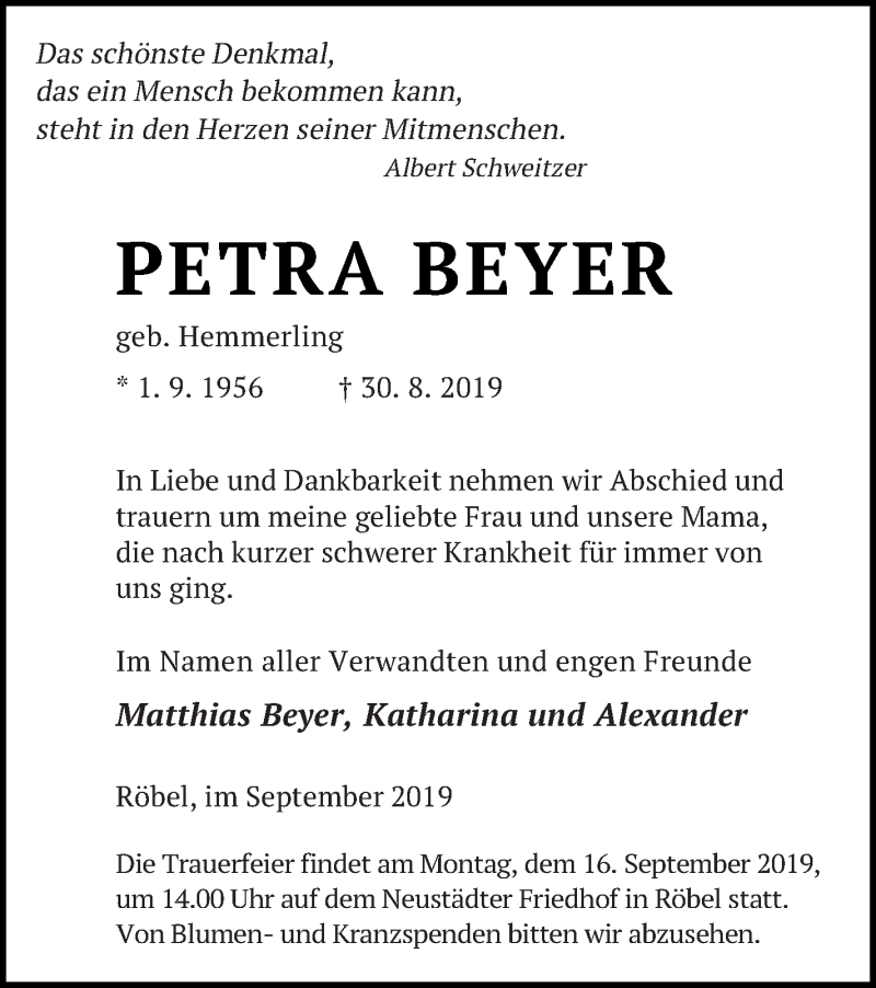  Traueranzeige für Petra Beyer vom 04.09.2019 aus Müritz-Zeitung