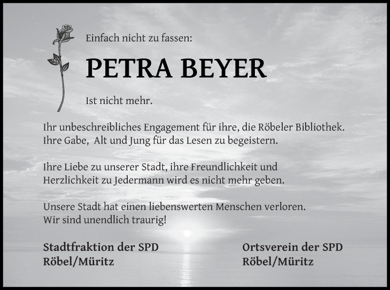  Traueranzeige für Petra Beyer vom 07.09.2019 aus Müritz-Zeitung