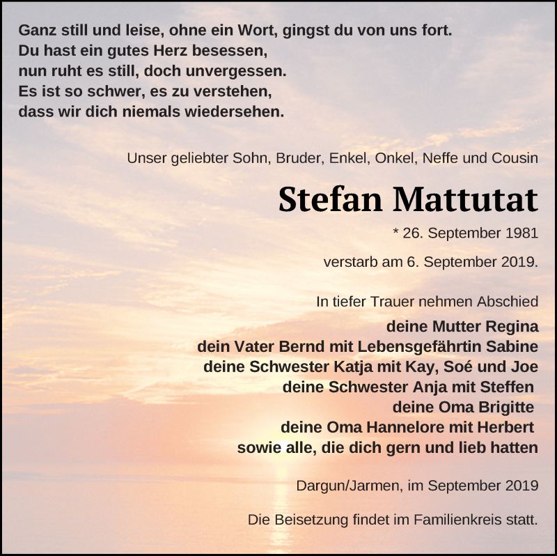  Traueranzeige für Stefan Mattutat vom 14.09.2019 aus Vorpommern Kurier