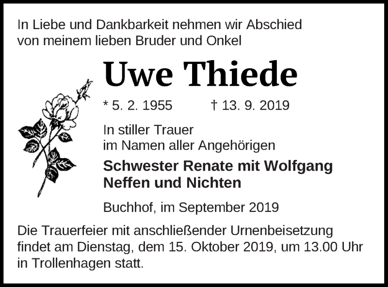  Traueranzeige für Uwe Thiede vom 20.09.2019 aus Neubrandenburger Zeitung