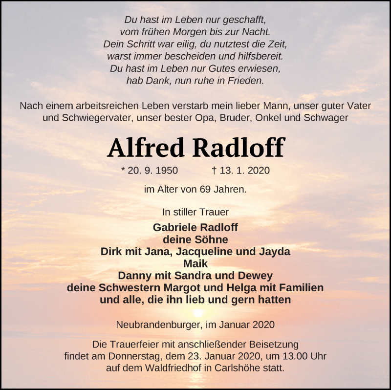  Traueranzeige für Alfred Radloff vom 16.01.2020 aus Neubrandenburger Zeitung