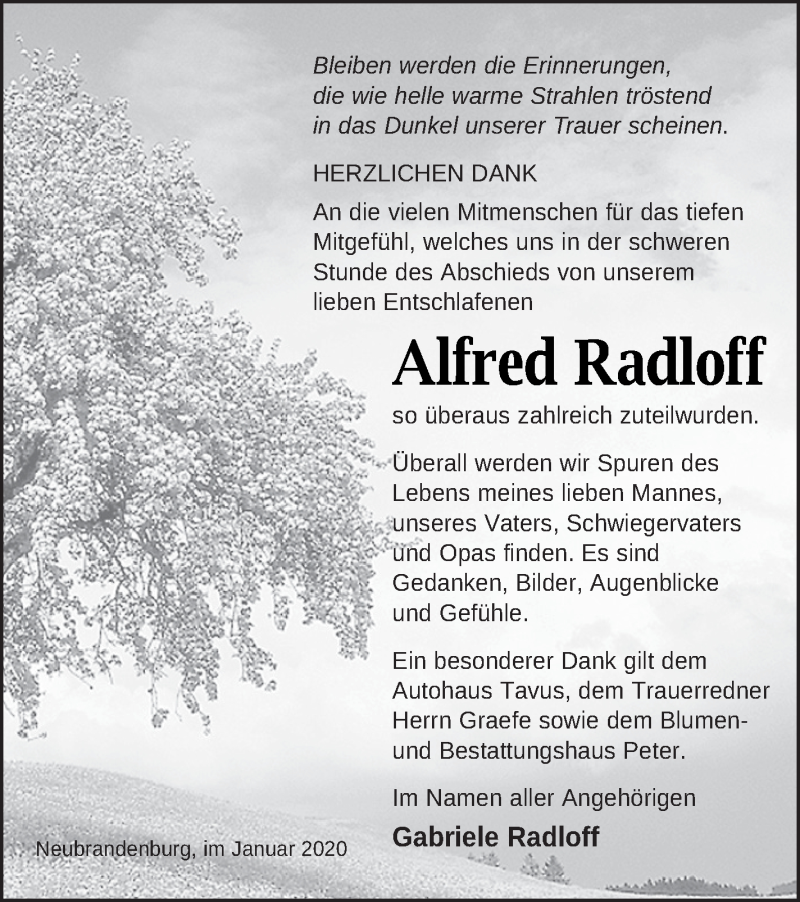  Traueranzeige für Alfred Radloff vom 31.01.2020 aus Neubrandenburger Zeitung