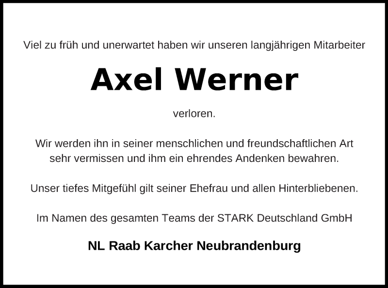  Traueranzeige für Axel Werner vom 18.01.2020 aus Neubrandenburger Zeitung