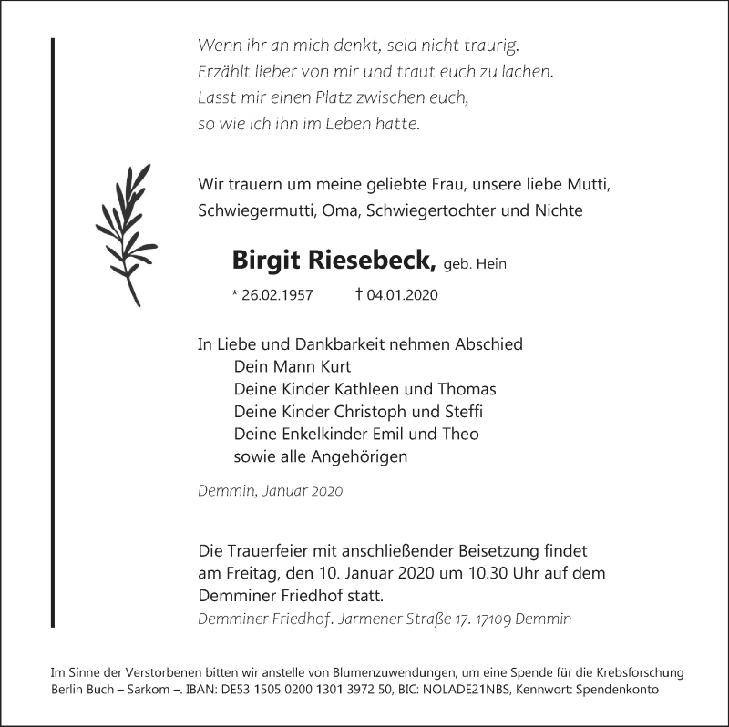  Traueranzeige für Birgit Riesebeck vom 08.01.2020 aus Nordkurier Gesamtausgabe