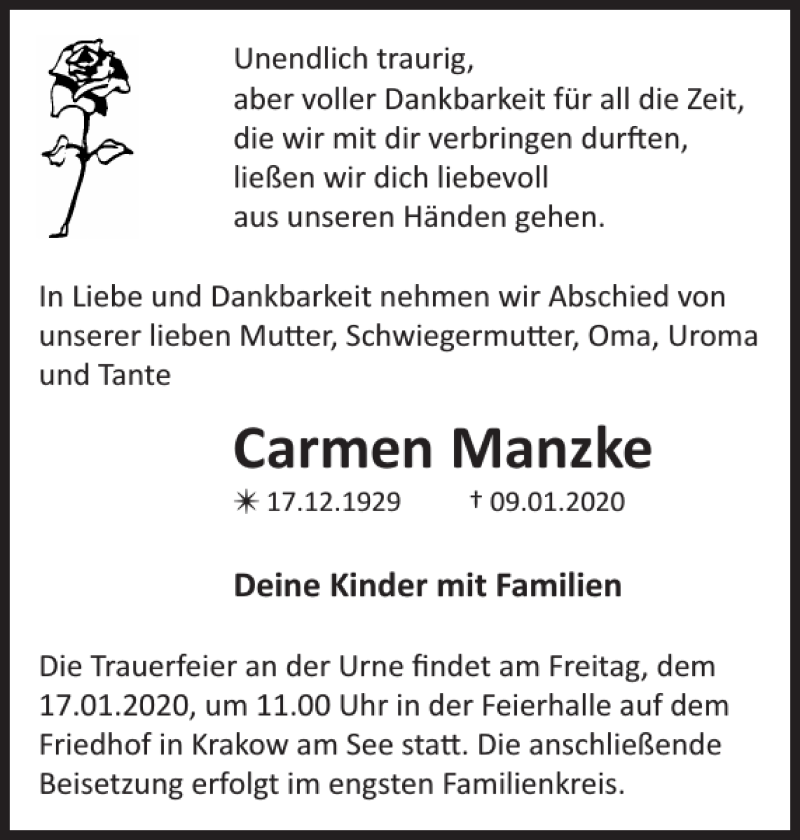 Traueranzeigen Von Carmen Manzke Trauer Nordkurier