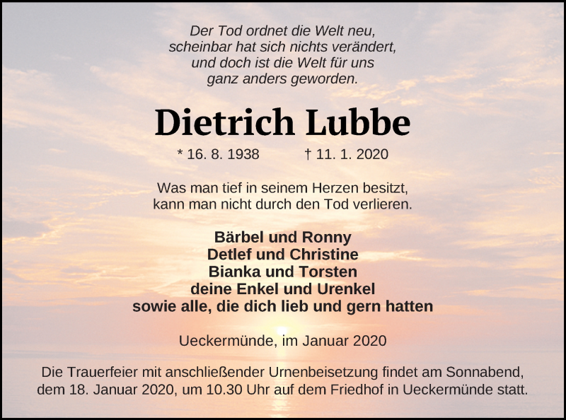  Traueranzeige für Dietrich Lubbe vom 16.01.2020 aus Haff-Zeitung