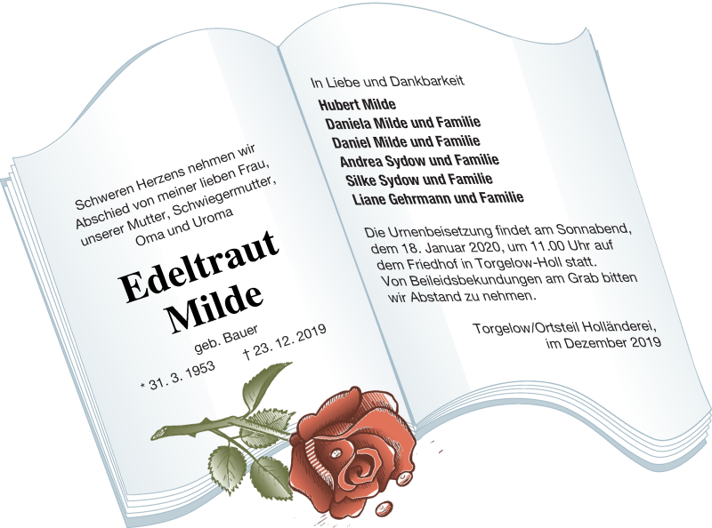  Traueranzeige für Edeltraut Milde vom 04.01.2020 aus Haff-Zeitung