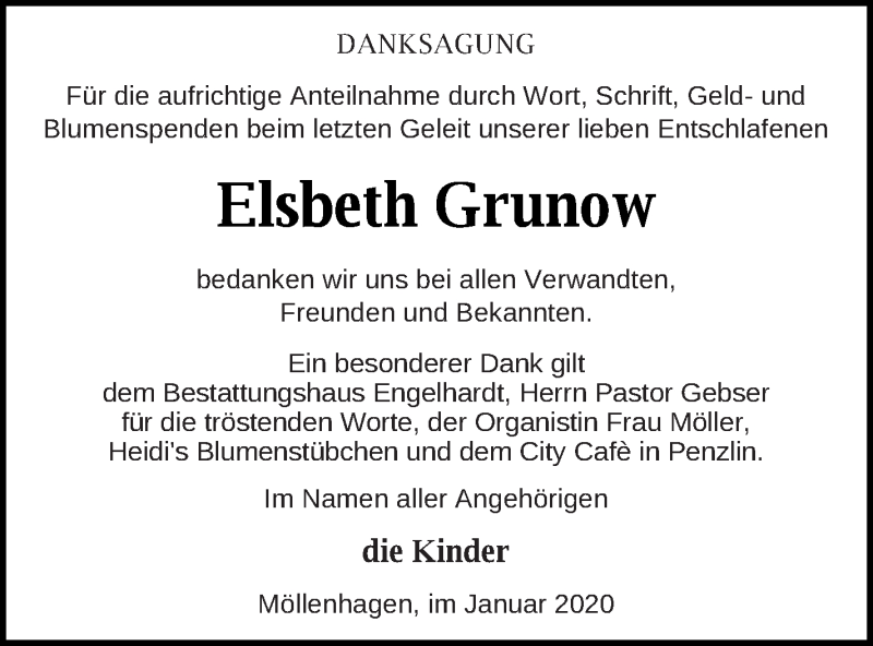  Traueranzeige für Elsbeth Grunow vom 10.01.2020 aus Müritz-Zeitung