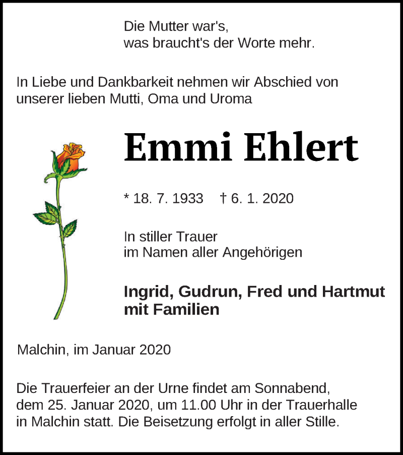  Traueranzeige für Emmi Ehlert vom 17.01.2020 aus Mecklenburger Schweiz