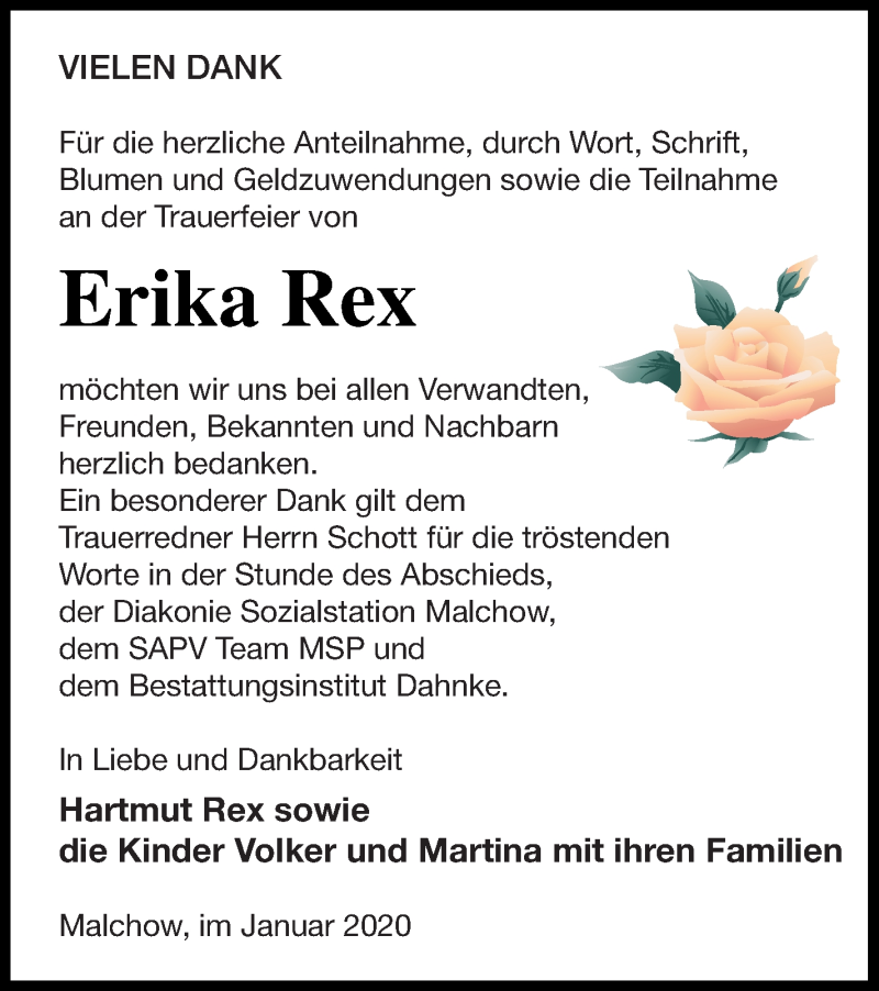  Traueranzeige für Erika Rex vom 24.01.2020 aus Müritz-Zeitung
