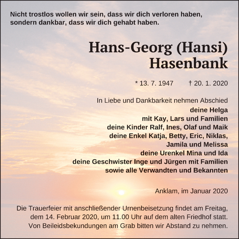  Traueranzeige für Hans-Georg Hasenbank vom 25.01.2020 aus Vorpommern Kurier
