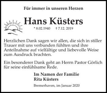 Traueranzeigen von Hans Küsters Trauer Nordkurier