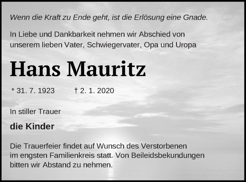 Traueranzeige für Hans Mauritz vom 18.01.2020 aus Müritz-Zeitung
